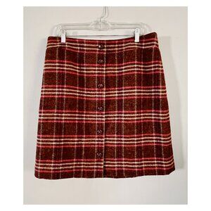 Talbots Sz 12 Plaid Button Front Skirt Brown, Pink, Burgundy Wool Blend